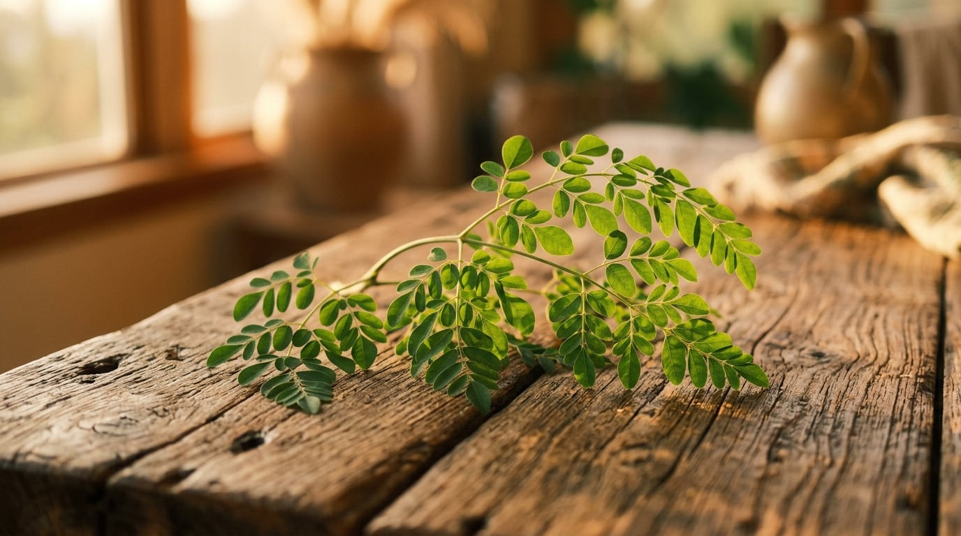 A fresh moringa branch resting on a rustic wooden surface in warm natural light