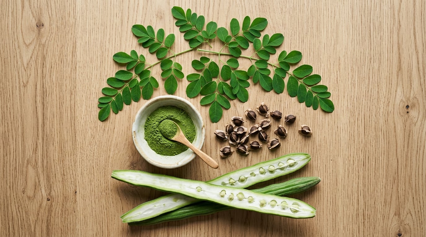 Moringa plant parts — fresh leaves, powder, seeds, and drumstick pods arranged on natural wood