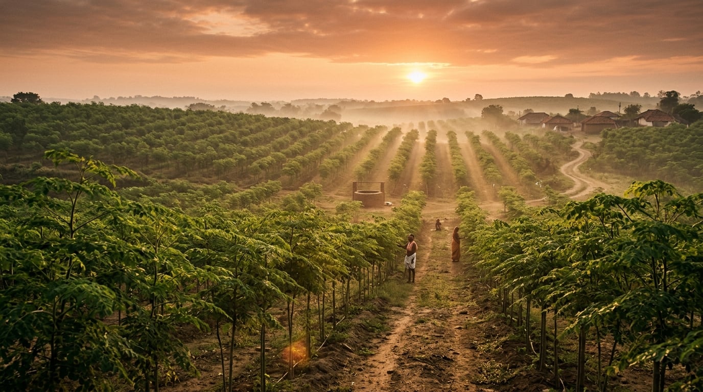 Moringa plantation in India at sunrise — rows of moringa trees with golden light filtering through