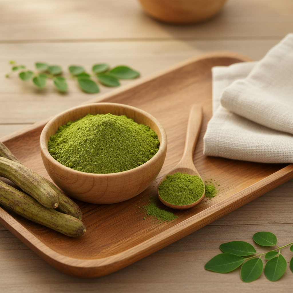 Premium Moringa powder with fresh leaves and pods