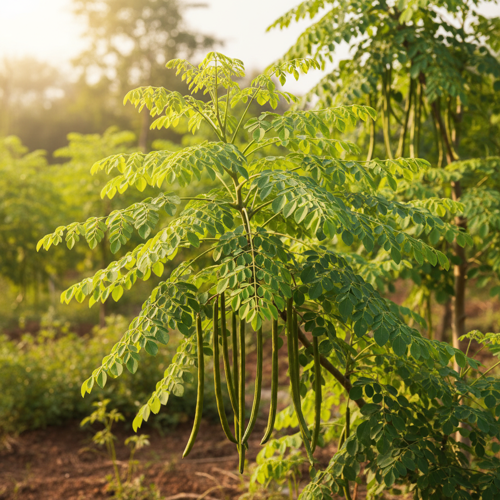 Moringa oleifera tree with pods in natural sunlight